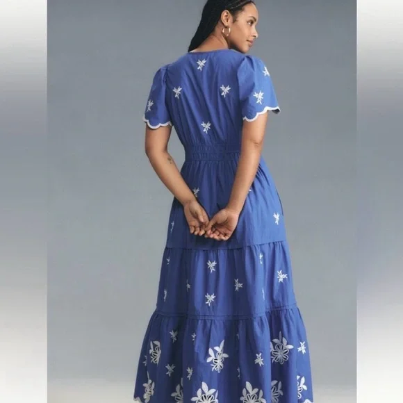 Anthropologie Somerset Embroidered Maxi Tiered Dress Blue White 1X Eyelet - Picture 3 of 15